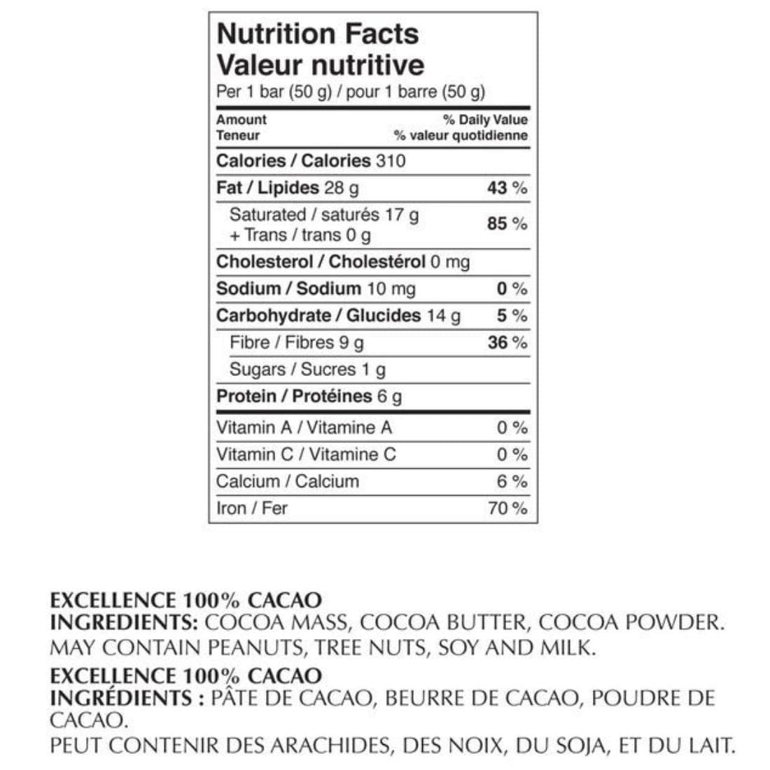 Lindt Excellence 100% Cacao Chocolate Bar, 50g