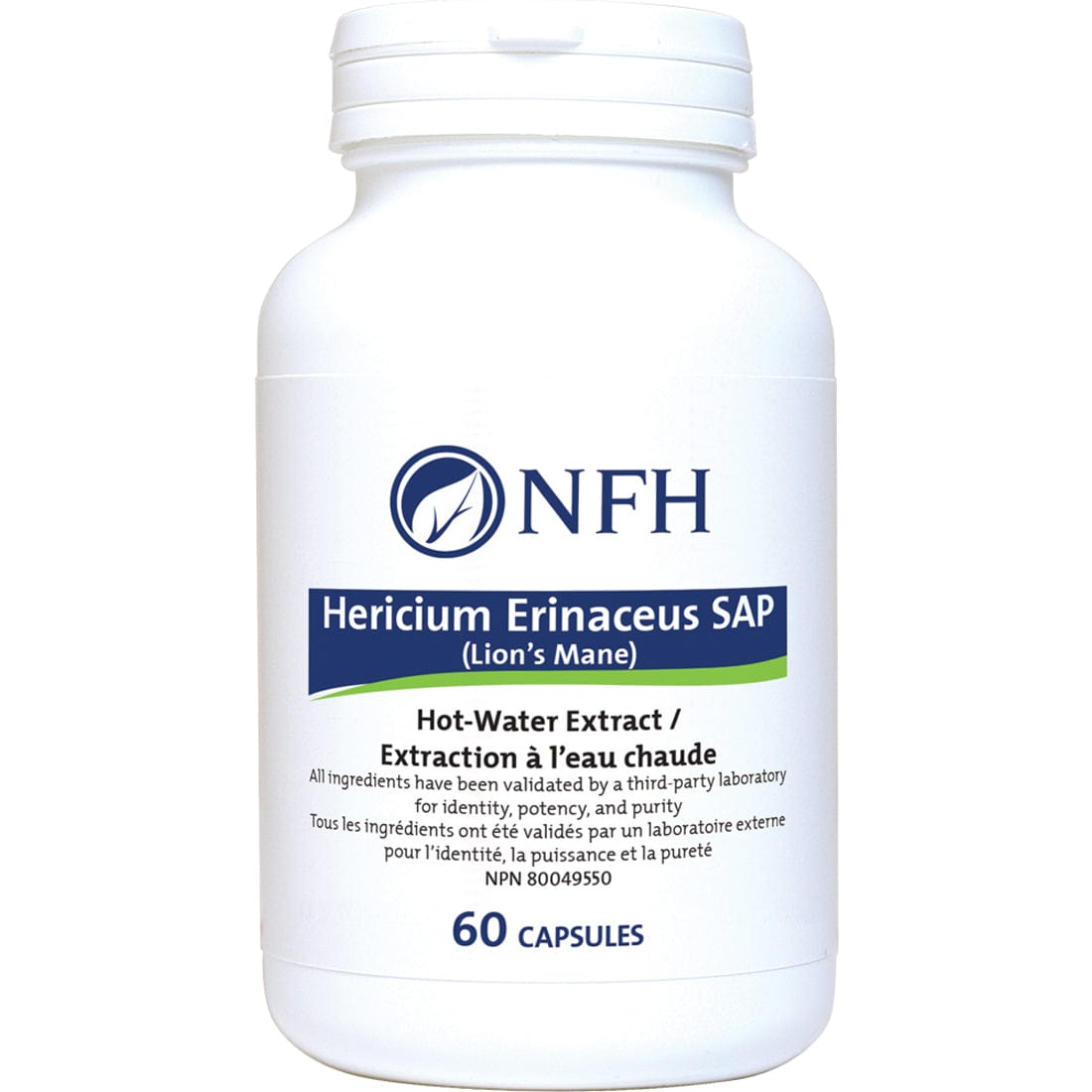 NFH Hericium Erinaceus SAP, Lion's Mane 500mg, Hot-water Extract, 60 Capsules