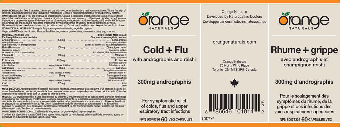 Orange Naturals Cold + Flu with Echinacea 500mg, 60 Capsules