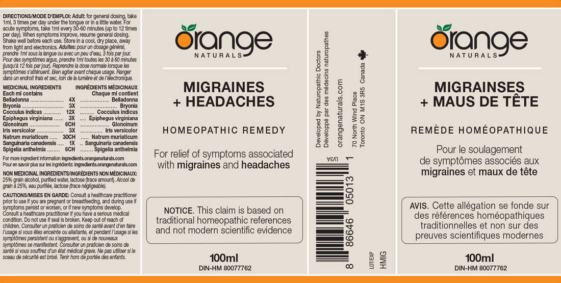 Orange Naturals Migraines + Headaches Homeopathic Remedy, 100ml