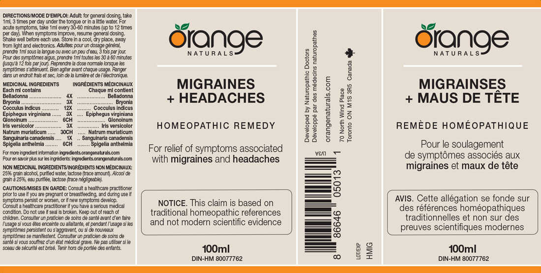 Orange Naturals Migraines + Headaches  Homeopathic Remedy, 100ml