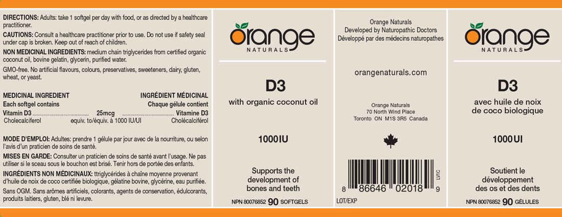 Orange Naturals Vitamin D3 with Organic Coconut Oil 1000IU, 90 Softgels