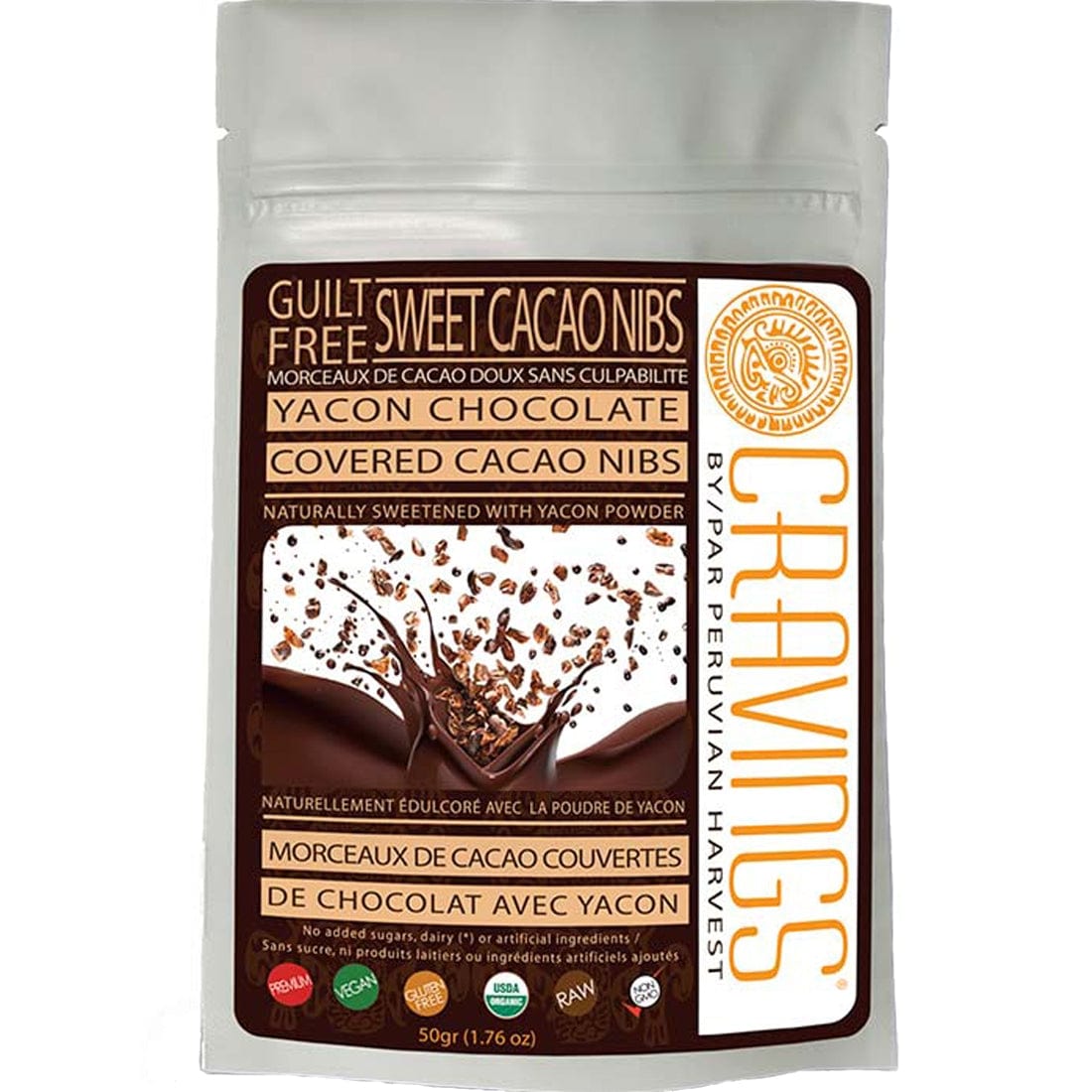 Uhtco Peruvian Harvest Cravings, Raw Organic Yacon Chocolate Covered Cacao Nibs, 50g