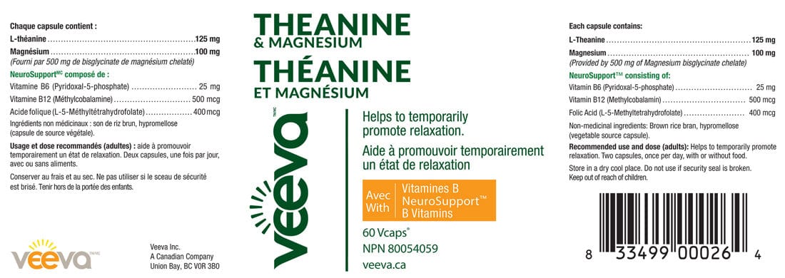 Veeva Theanine & Magnesium Bisglycinate (125mg & 500mg) with B Vitamins, 60 V-Caps