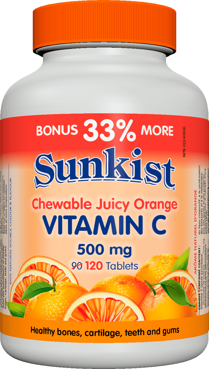 Sunkist Vitamin C, Chewable, 500mg, BONUS! 33% More, 90+30 Tablets