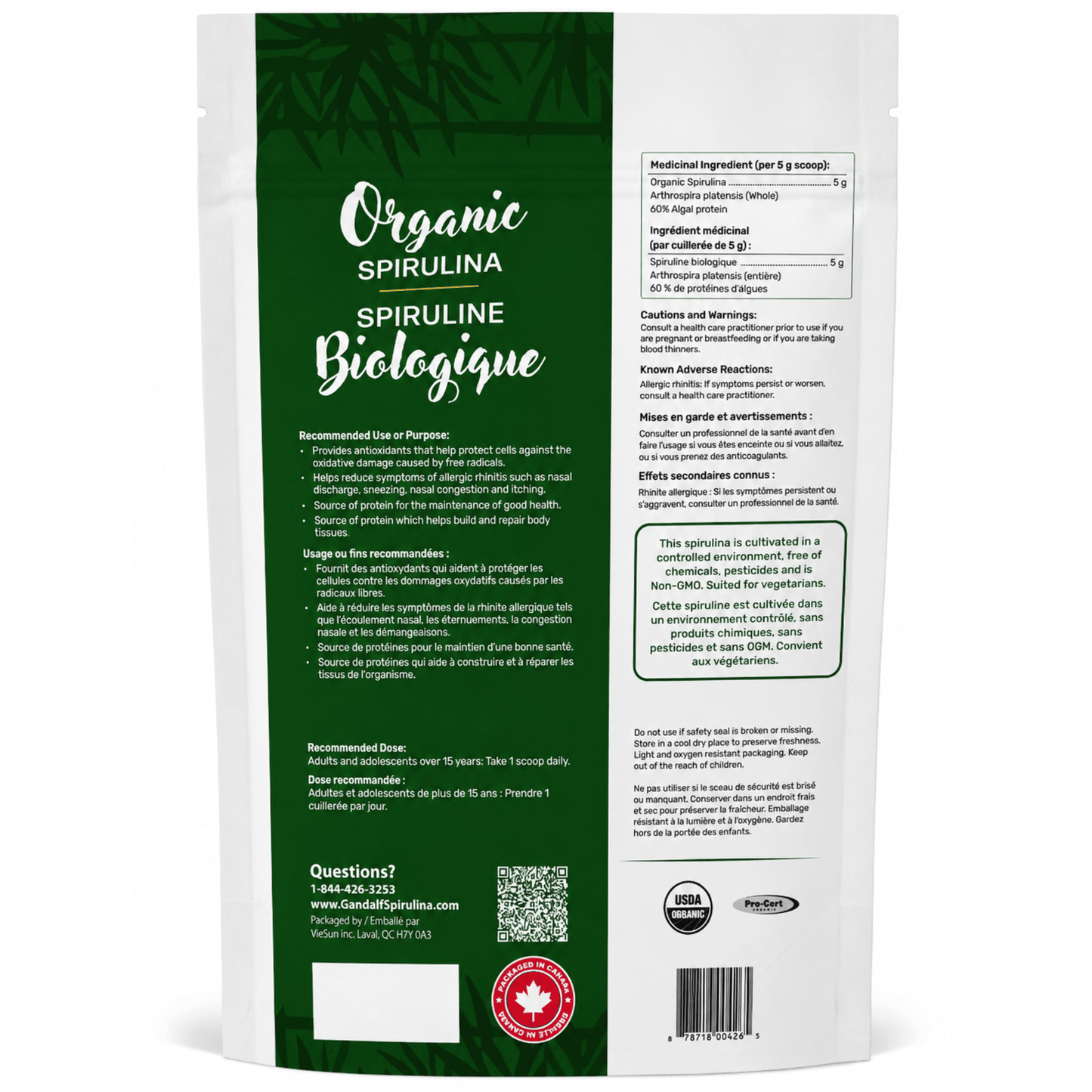 300g Unflavoured | Gandalf Organic Spirulina back of packaging with nutrition facts and usage instructions