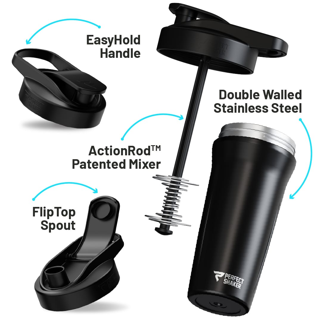 PerfectShaker ACTIV Stainless Steel Shaker Cup, Double Wall Insulated for 12+ Hours Cold, Leak-Free, Clump-Free, 800mL