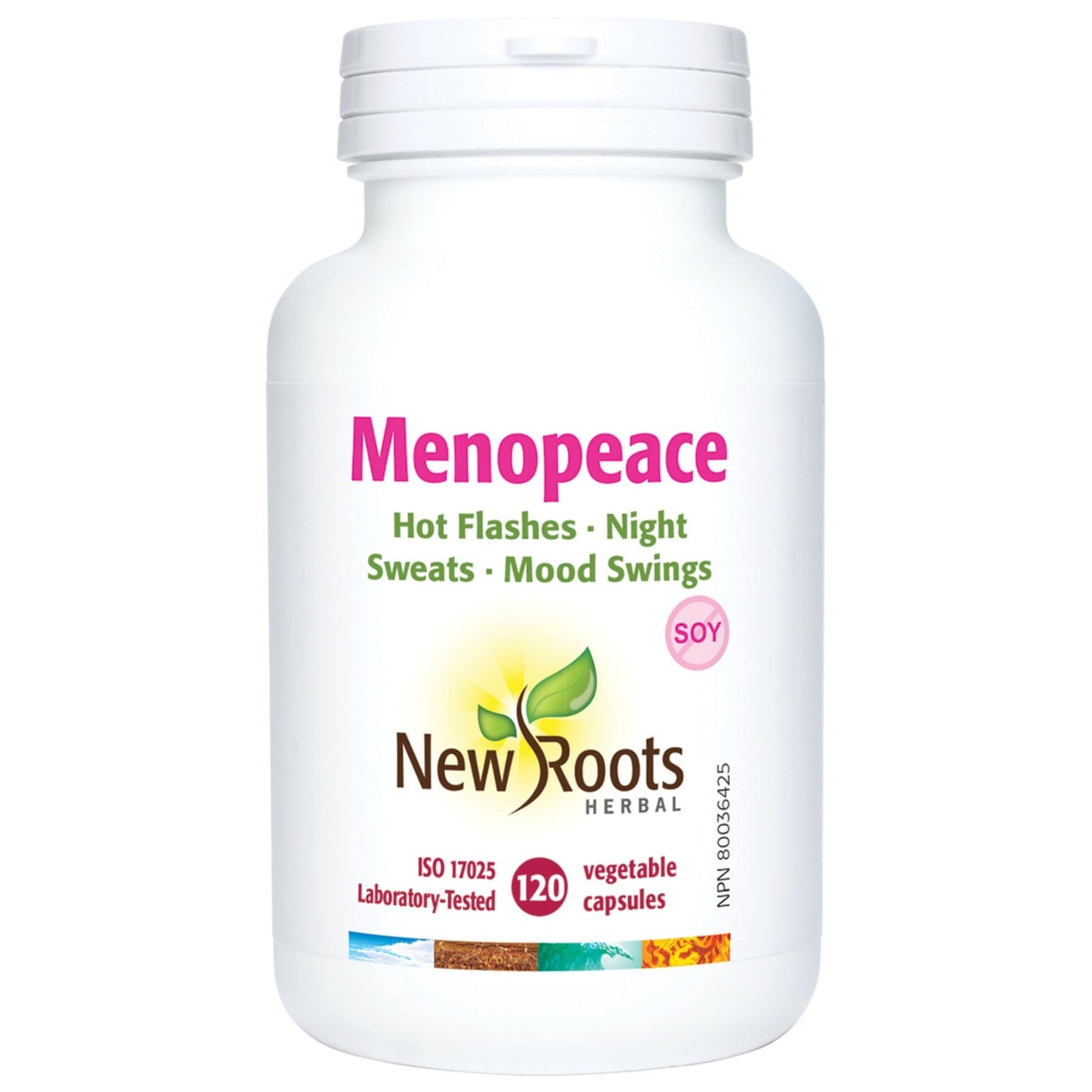 120 Vegetable Capsules | New Roots Herbal Menopeace bottle label in english