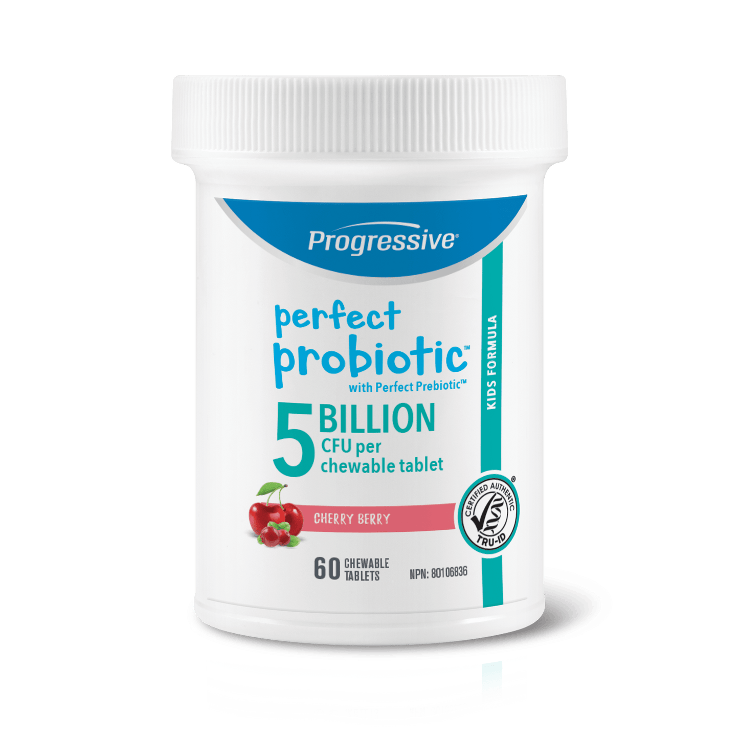 A bottle of  Perfect Probiotic For Kids 5 Billion CFU per chewable tablets 60 chewable tablets in flavour cherry berry