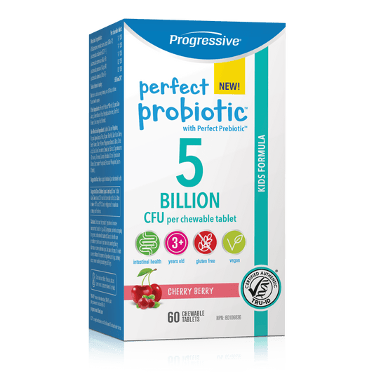 A box of Perfect Probiotic For Kids 5 Billion CFU per chewable tablets 60 chewable tablets in flavour cherry berry