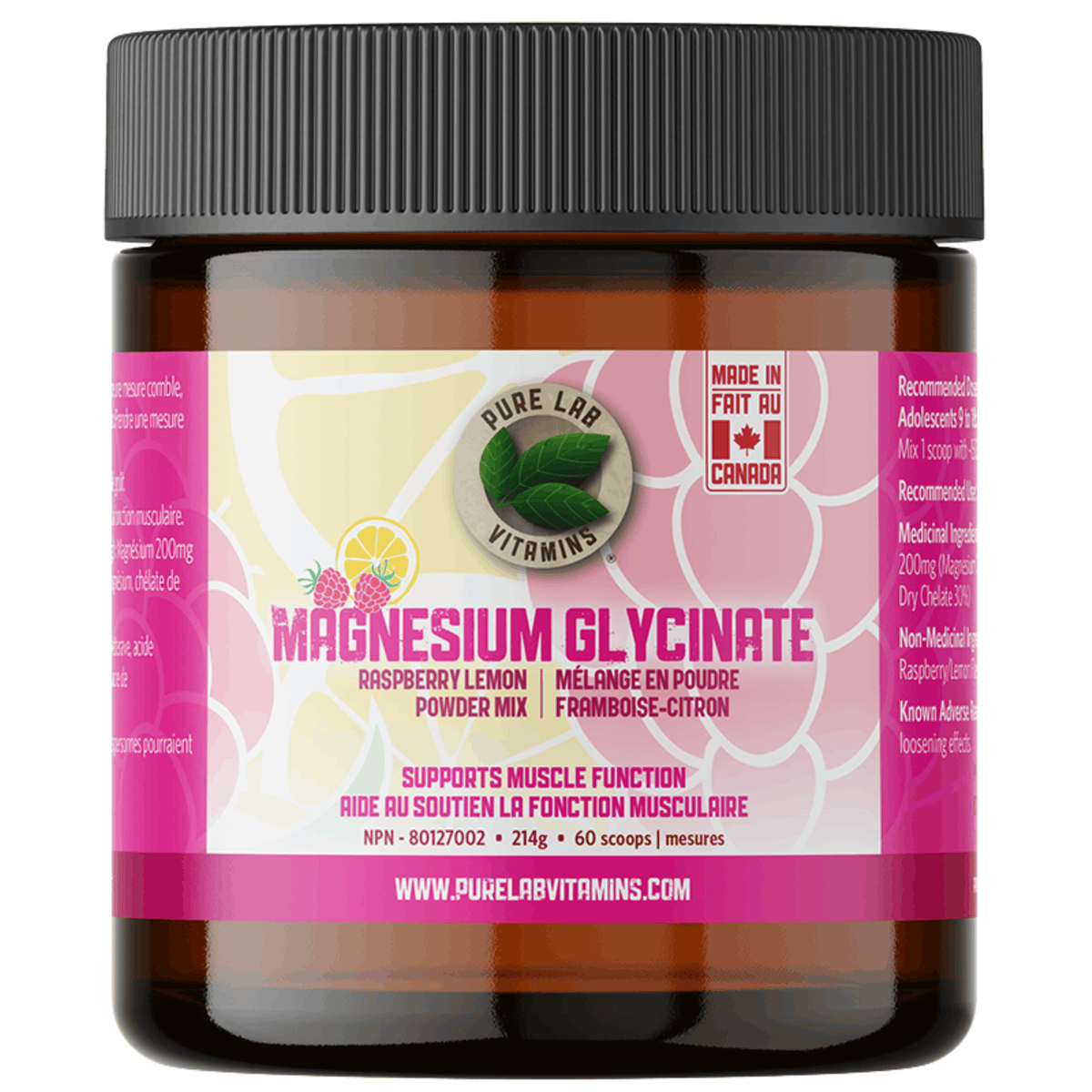 214g Tub Raspberry Lemon | Pure Lab Vitamins Magnesium Glycinate Powder Mix