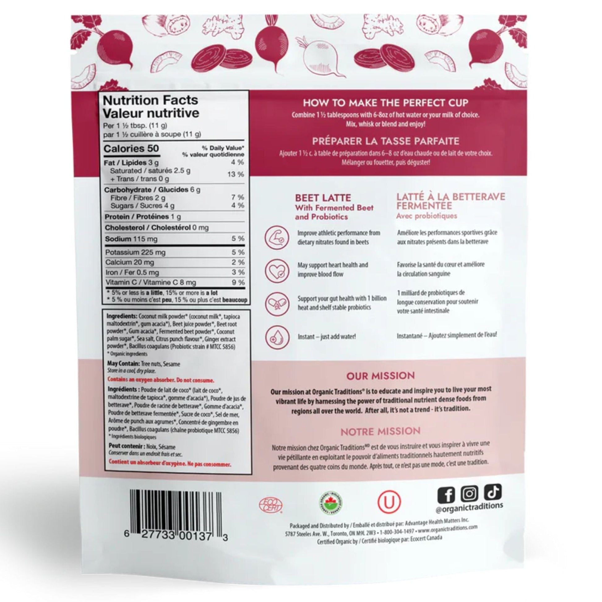 150g | Organic Traditions Beet Latte With Fermented Beet And Probiotics 5.3oz // Back