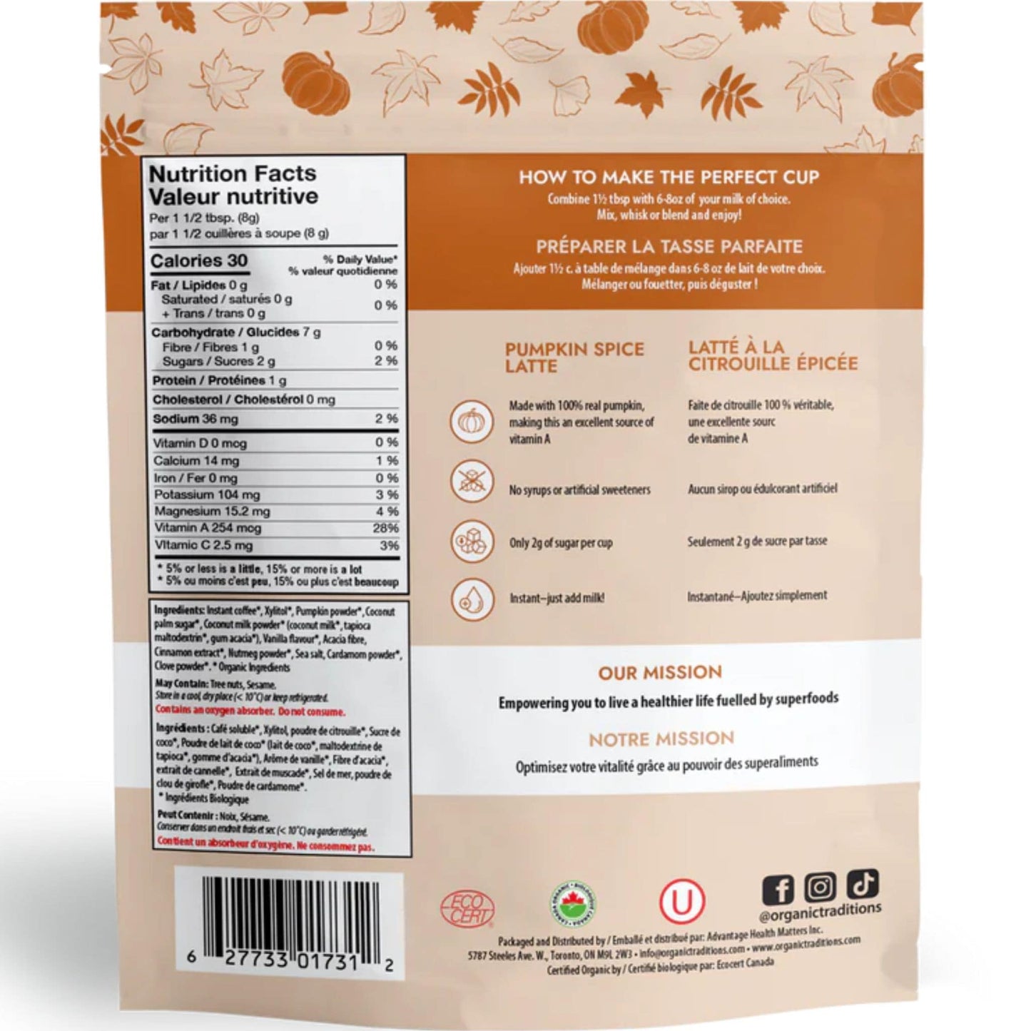 150g 5.3 oz | Organic Traditions Pumpkin Spice Latte Limited Edition 18 servings // Back Shot