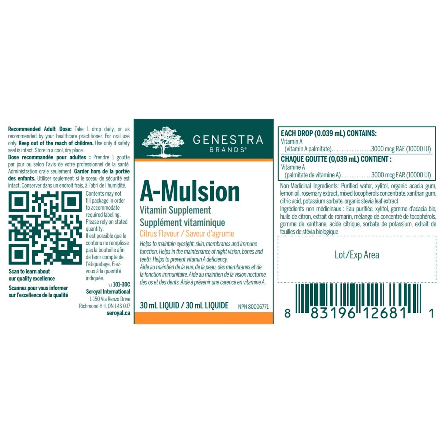 Genestra A-Mulsion 30ml Liquid - Nutrition label