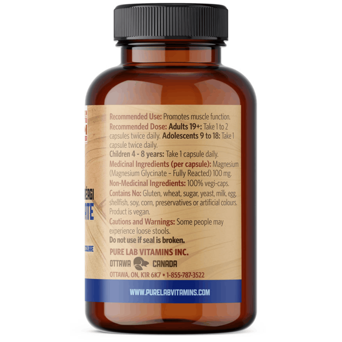150 Vegetable Capsules | Pure Lab Vitamins Magnesium Glycinate 100mg Fully Reacted