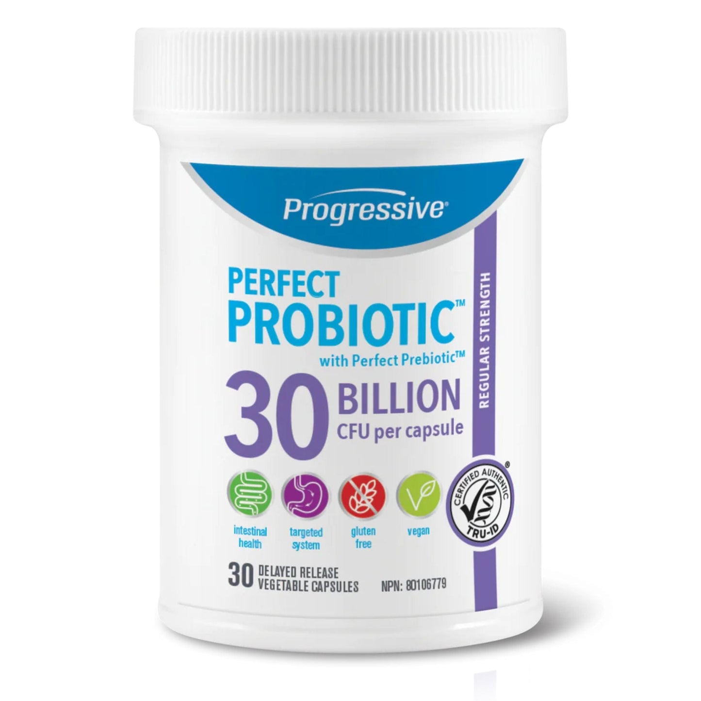 30 Vegetable Capsules | Bottle of Progressive Perfect Probiotic 30 Billion CFU 30 Delayed Release Vegetable Capsules 