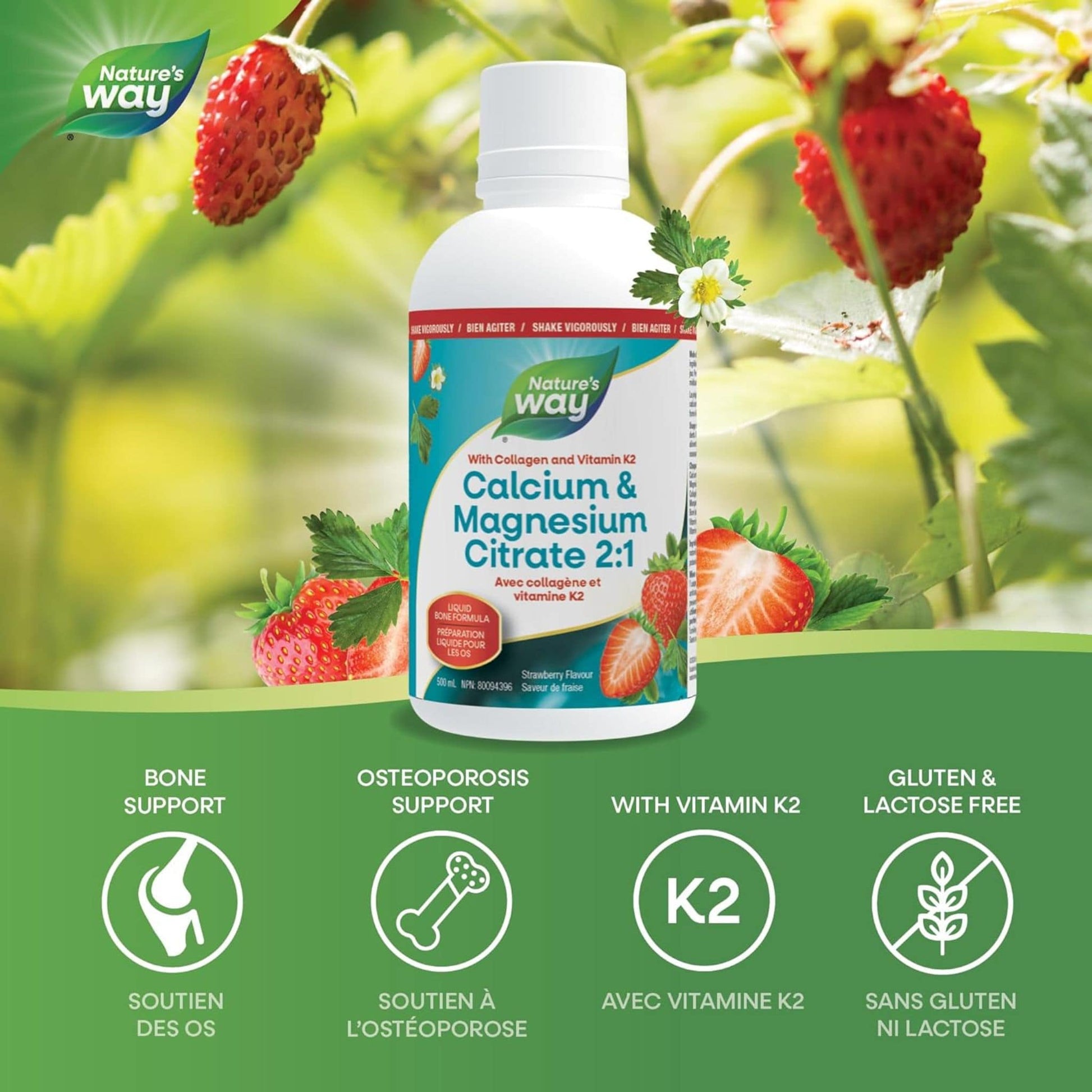 Strawberry Flavour, 500mL |Nature's Way Calcium & Magnesium Citrate 2:1 with Collagen and Vitamin K2