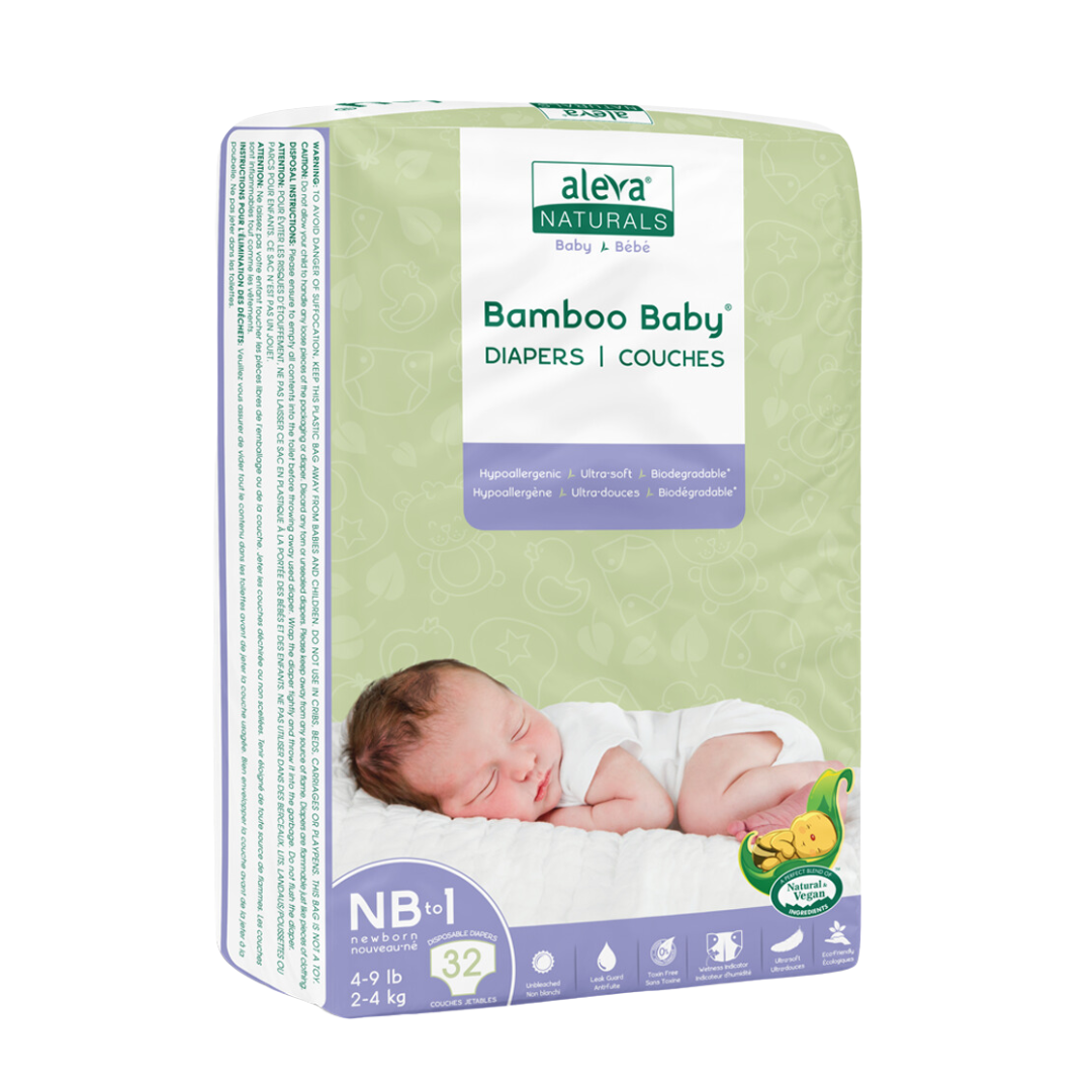 Aleva Naturals Bamboo Baby Diapers Size NB-1, 4-9 lbs (32 Diapers)