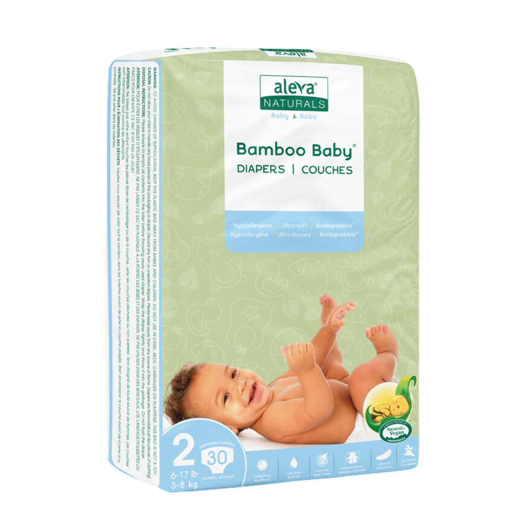 Aleva Naturals Bamboo Baby Diapers Size 2, 6-17 lbs (30 Diapers)