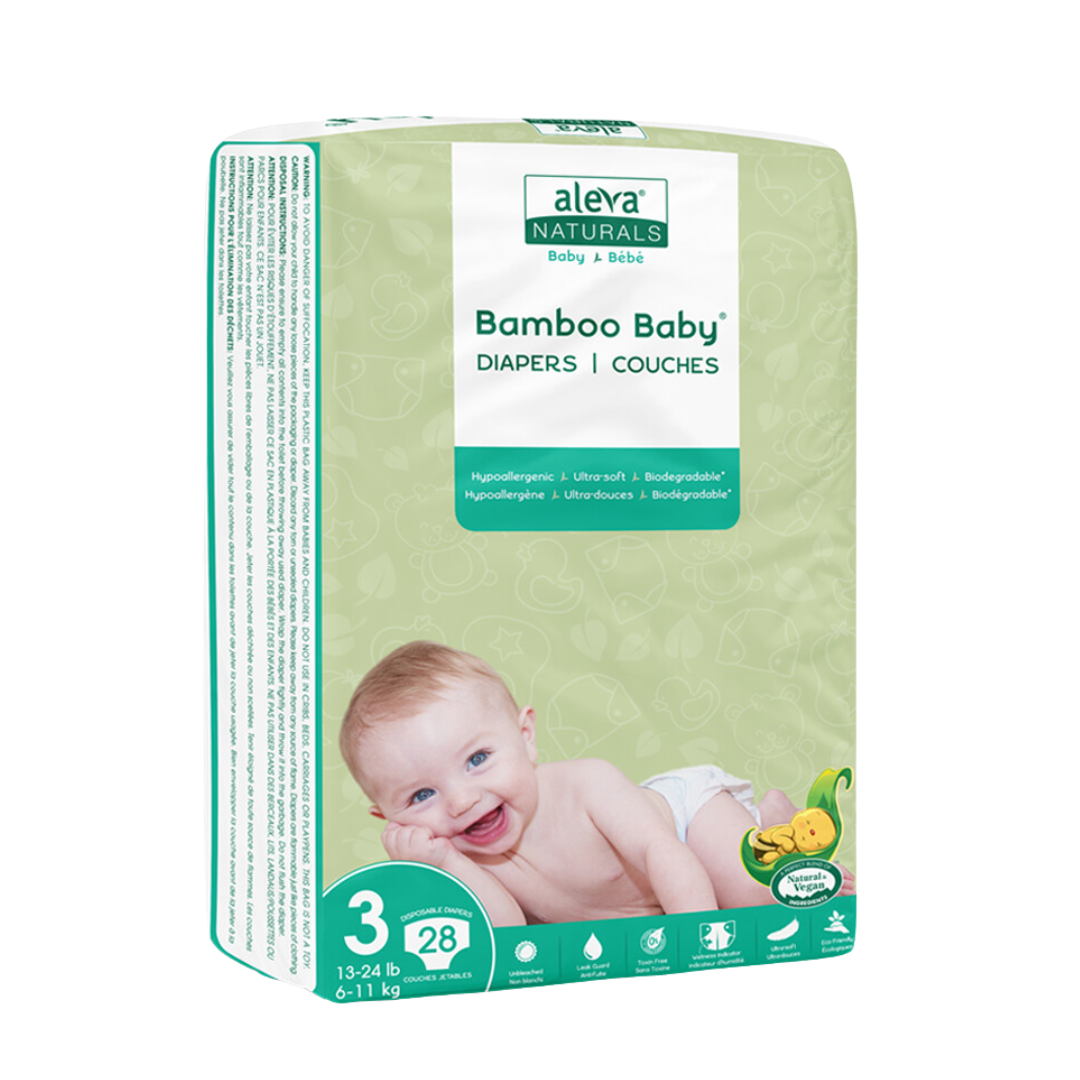 Aleva Naturals Bamboo Baby Diapers Size 3, 13-24 lbs (28 Diapers)