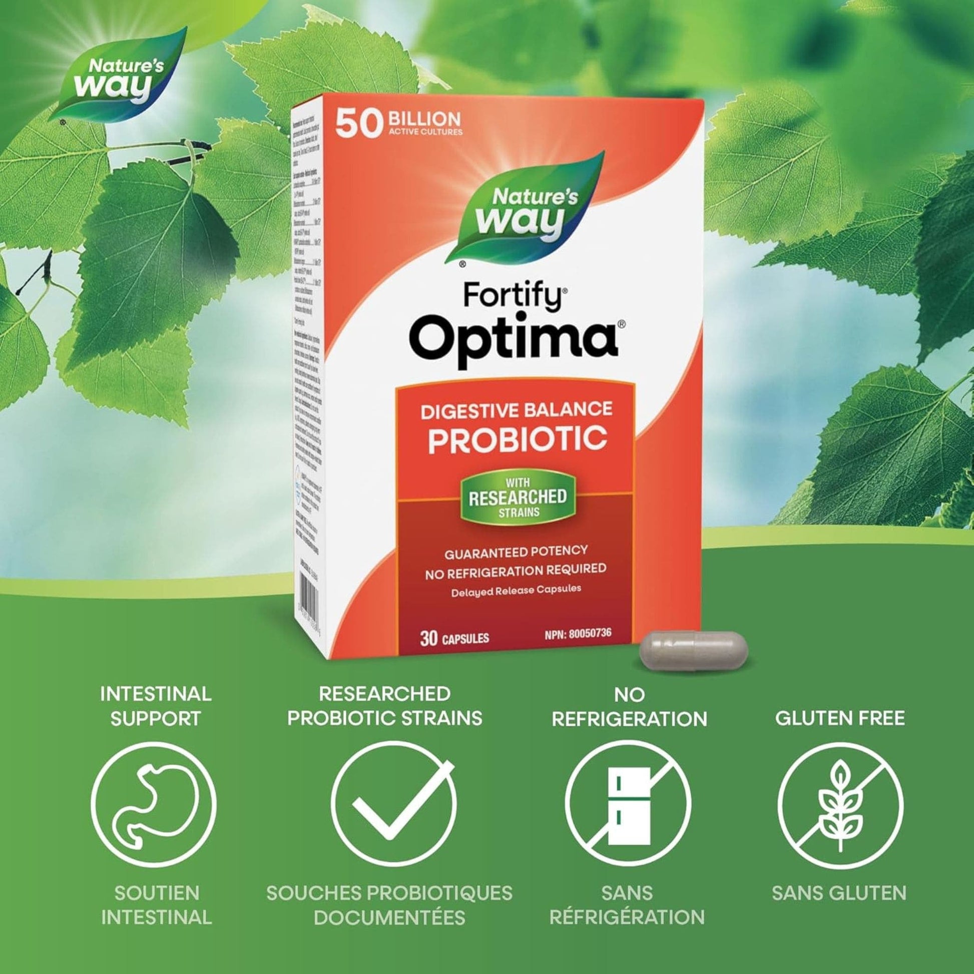 30 Capsules | Nature's Way Fortify Optima Digestive Balance Probiotic, 50 Billion Active Cultures