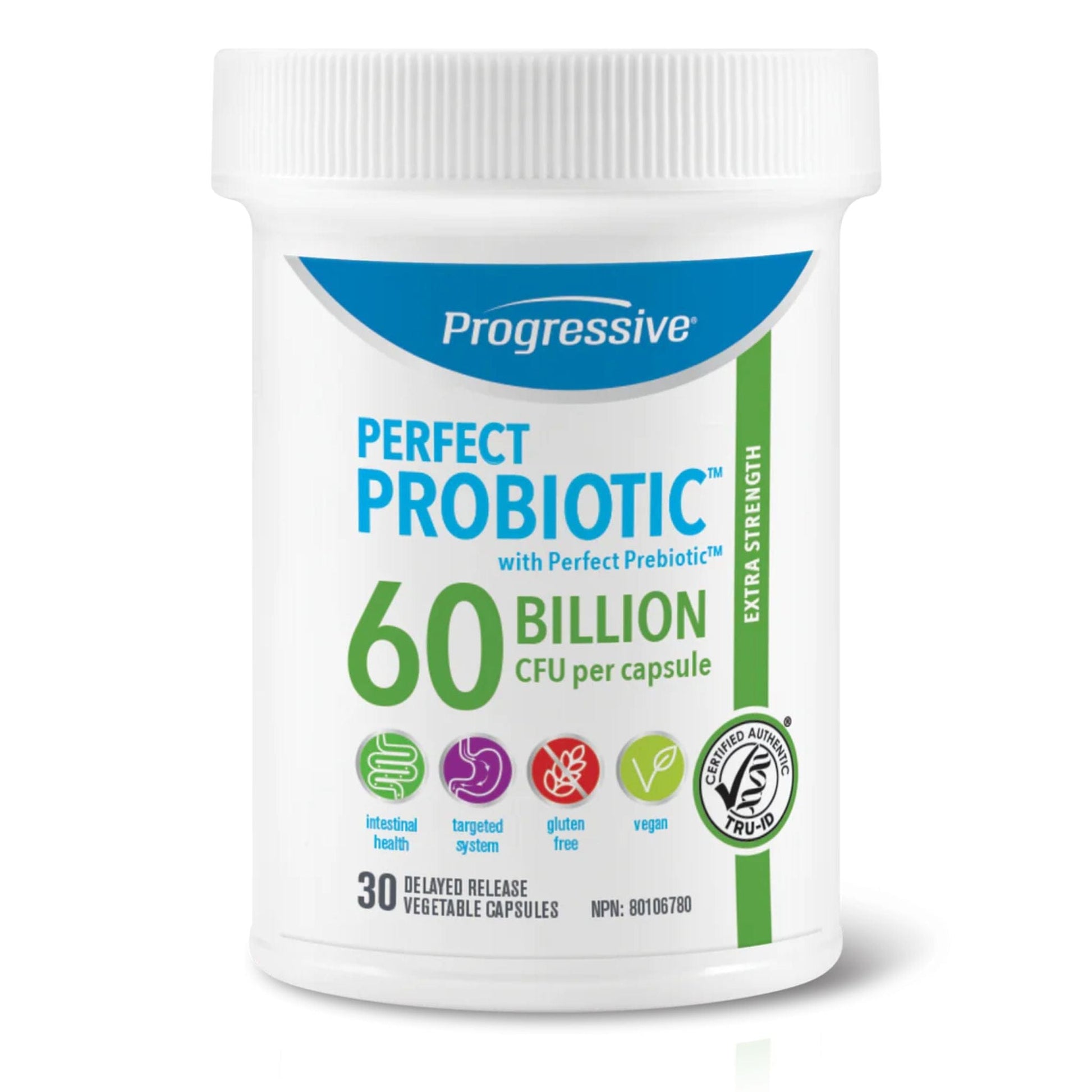 30 Delayed Release Vegetable Capsules | Progressive Perfect Probiotic 60 Billion CFU Per Capsule 30 Delayed Release Vegetable Capsules