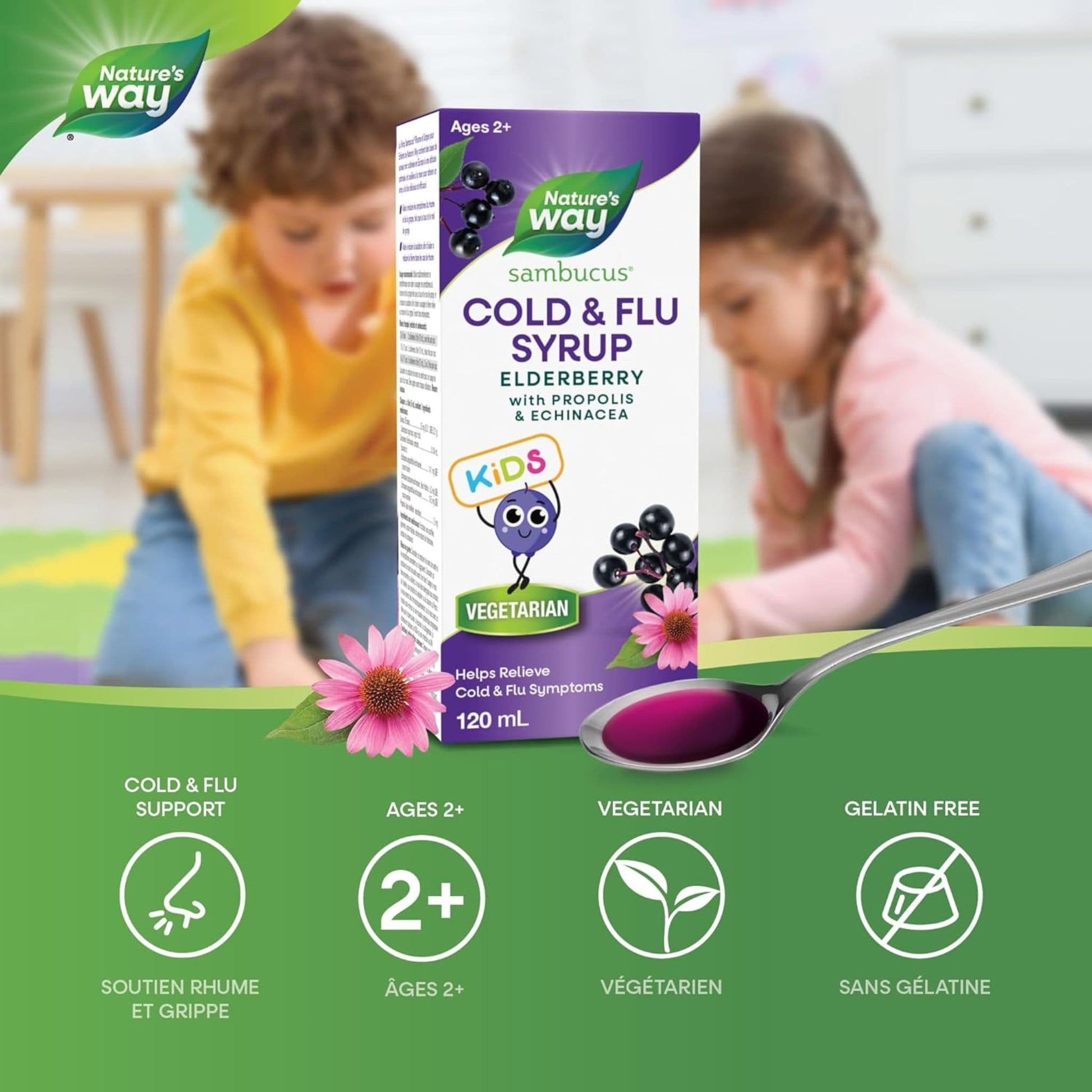 120mL | Nature's Way Sambucus Cold and Flu Syrup for Kids, Elderberry with Propolis and Echinacea