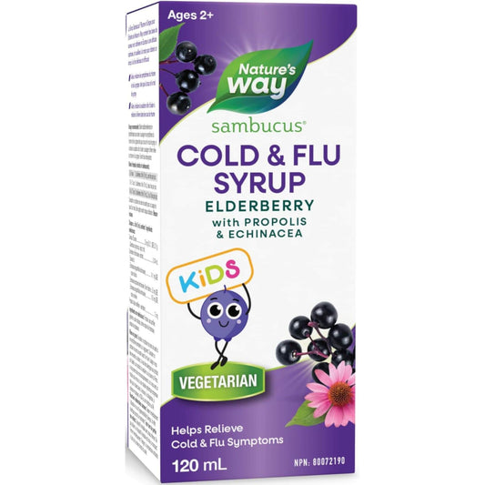 120mL | Nature's Way Sambucus Cold and Flu Syrup for Kids, Elderberry with Propolis and Echinacea