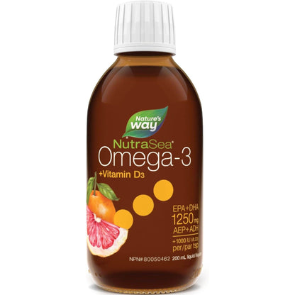 Grapefruit Tangerine Flavour, 200 mL | Nature's Way NutraSea Omega-3 + Vitamin D3 1000 IU / EPA+DHA 1250 mg