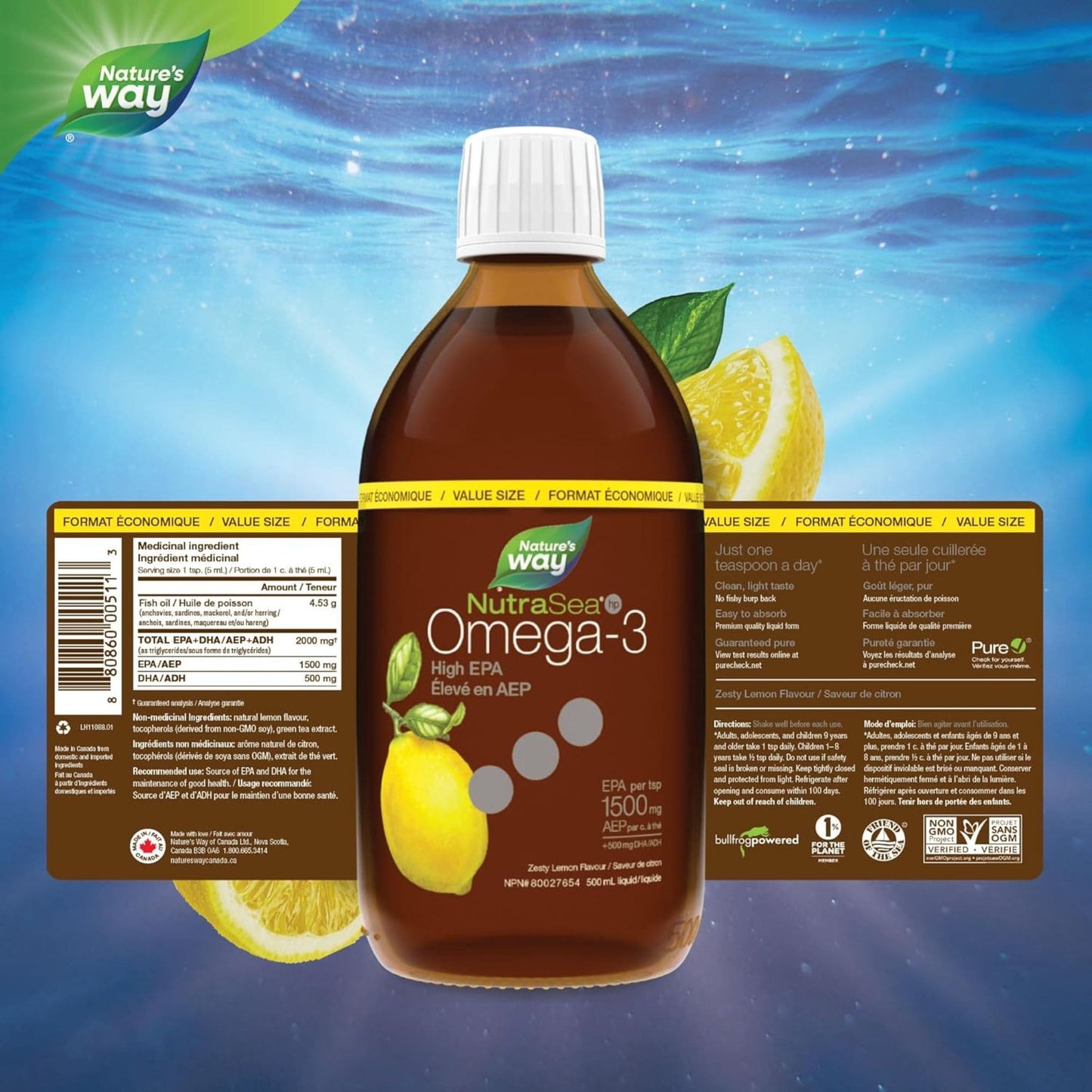 Zesty Lemon, 500mL | Nature's Way NutraSea Omega-3 High EPA 1500 mg