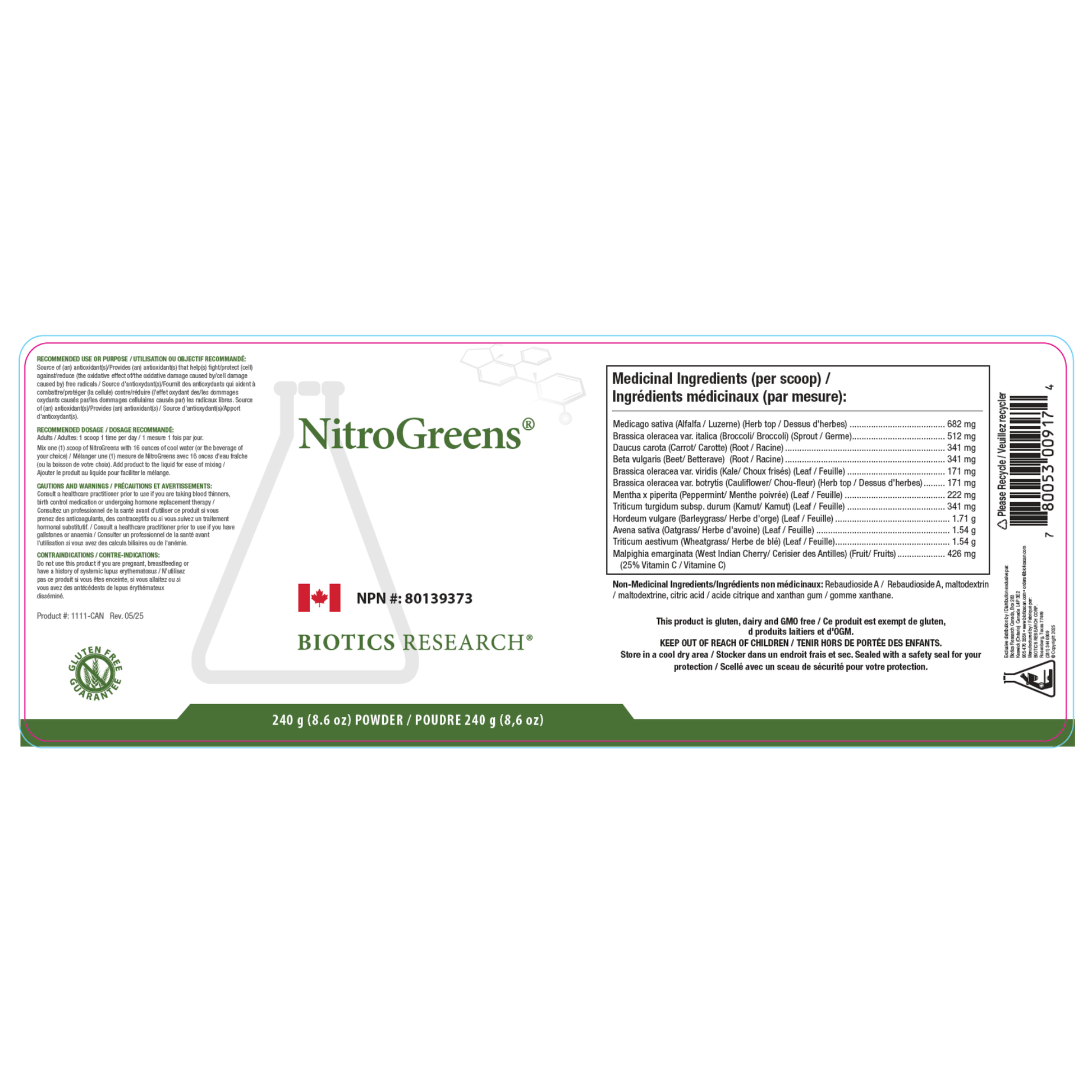 240g Unflavoured | Biotics Research NitroGreens