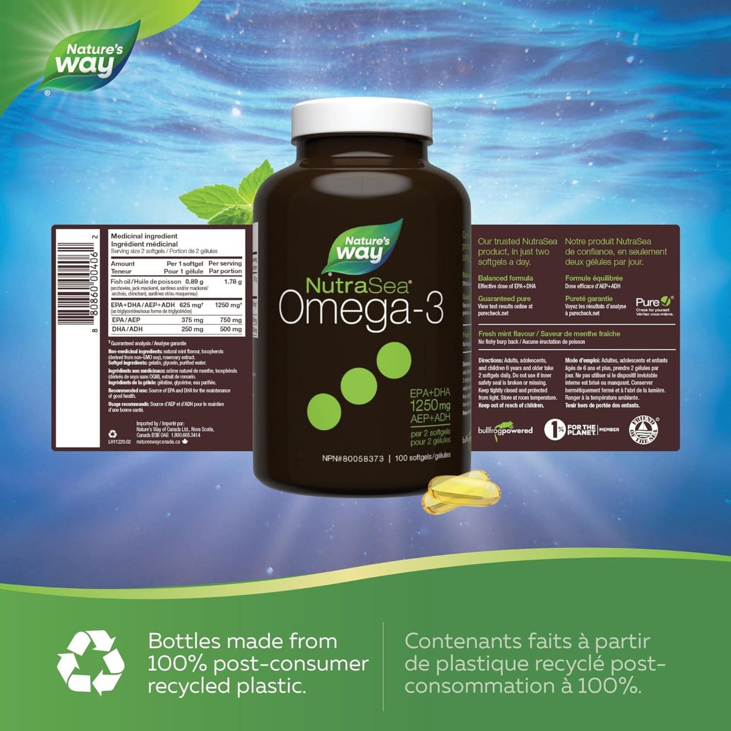 Fresh Mint, 100 Softgels | Nature's Way NutraSea Omega-3 EPA+DHA 1250 mg