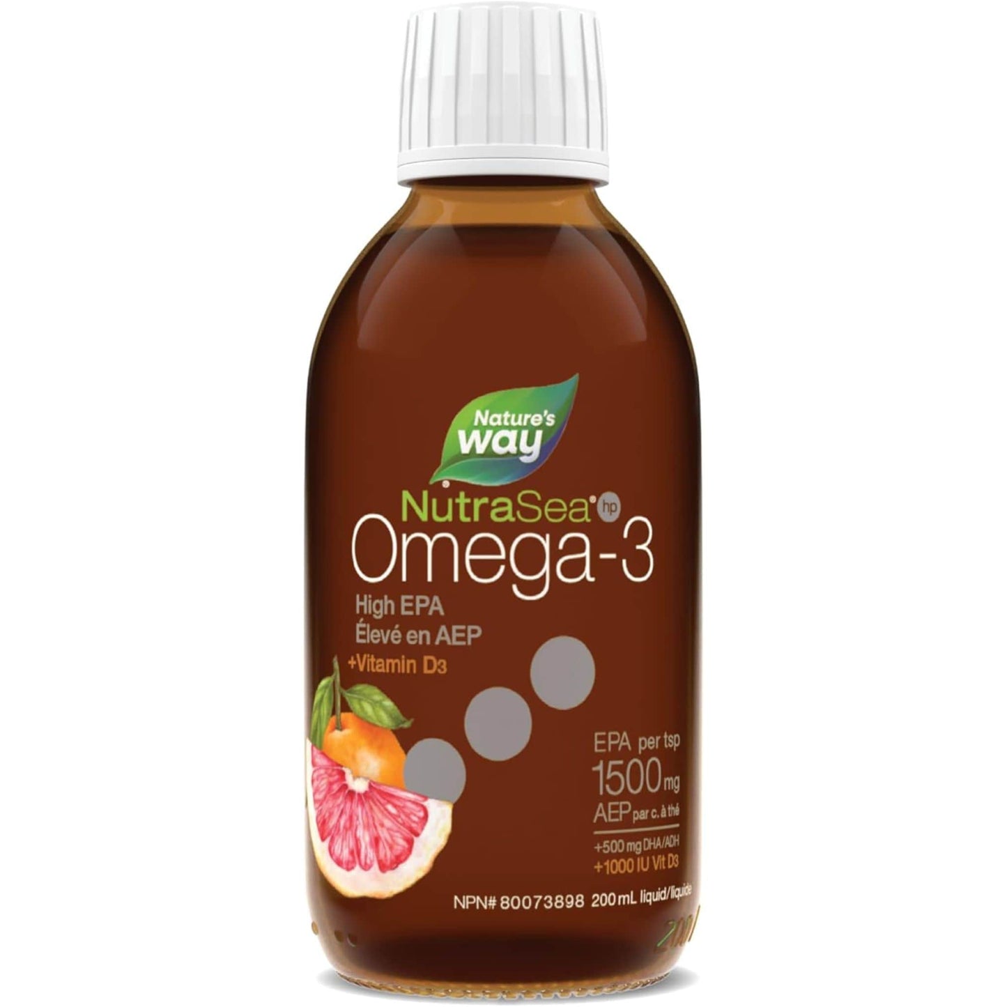 Grapefruit Tangerine Flavour, 200 mL | Nature's Way NutraSea Omega-3 High EPA 1500 mg + Vitamin D3 1000 IU