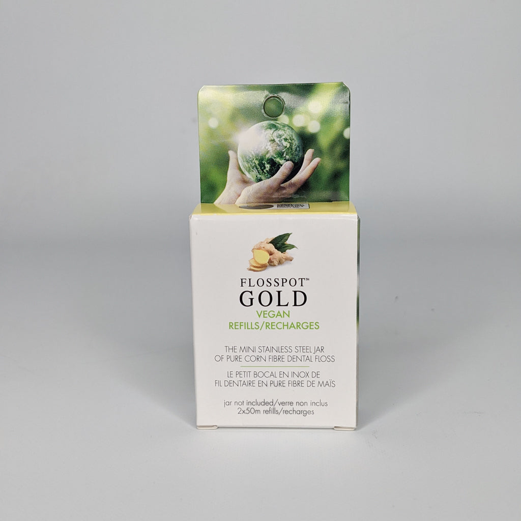 KMH Touches Flosspot GOLD Vegan Corn Dental Floss, Ginger-Mint, Steel Jar or 2 x 50m Refills - 2 x 50m Refill Spools