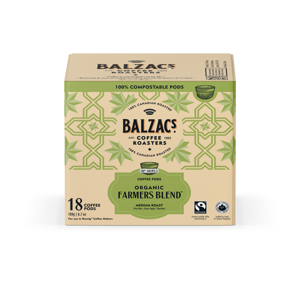 Balzac's Organic Farmers Blend Coffee - Case of 6 x 18 Pods