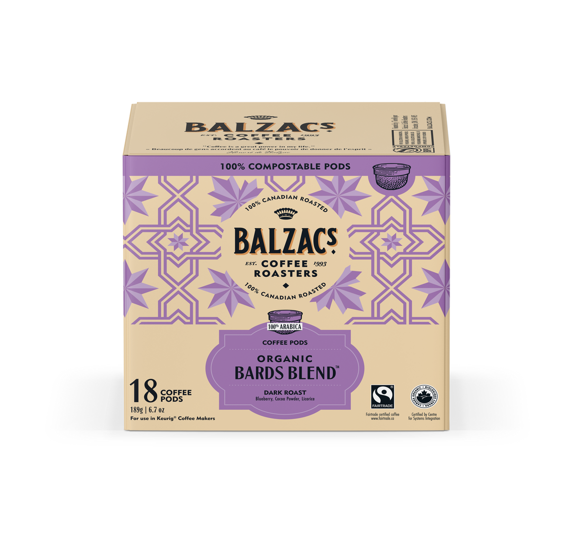 Balzac's Organic Bards Blend Coffee - Case of 6 x 18 Pods