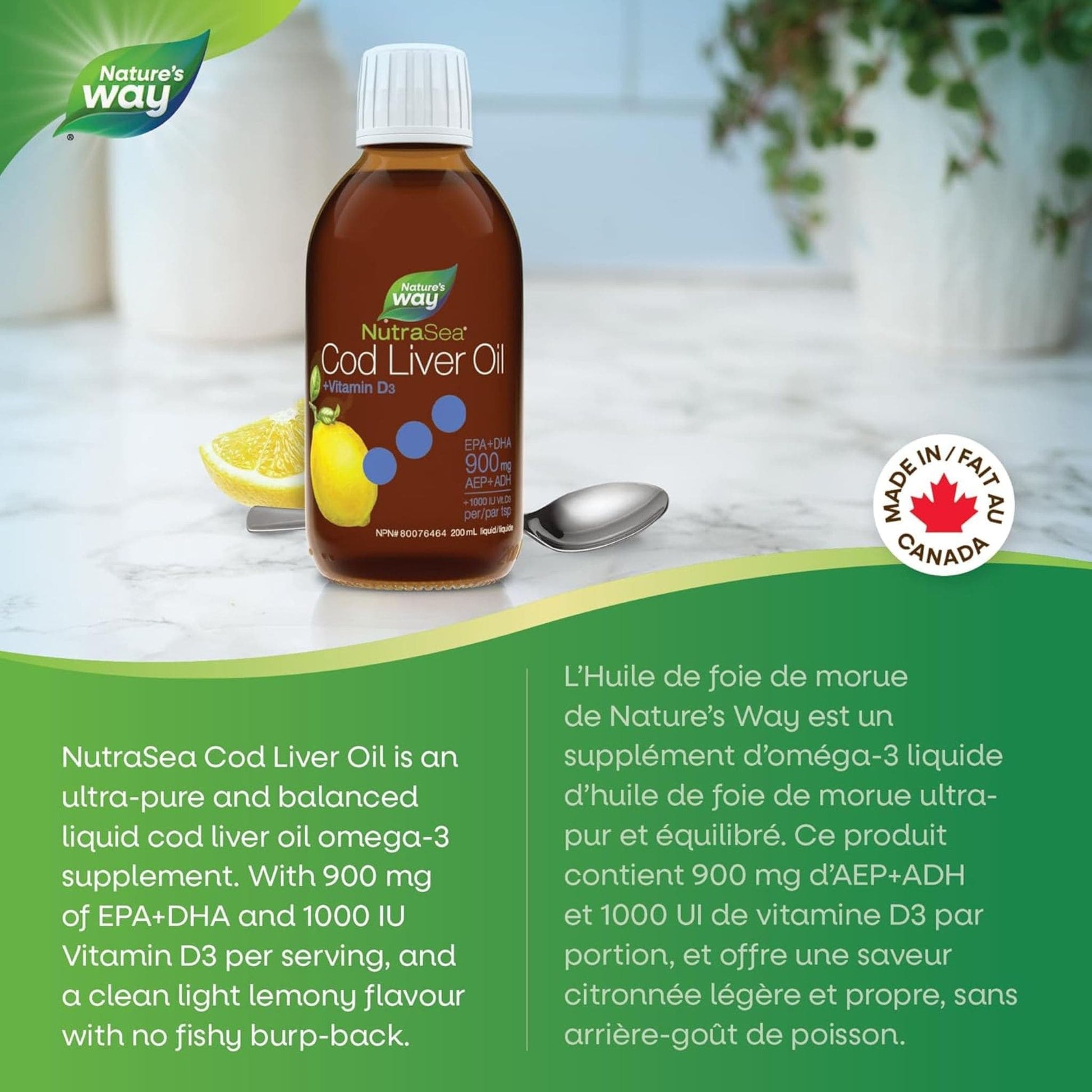 Zesty Lemon Flavour, 200 mL | Nature's Way NutraSea Cod Liver Oil + Vitamin D3