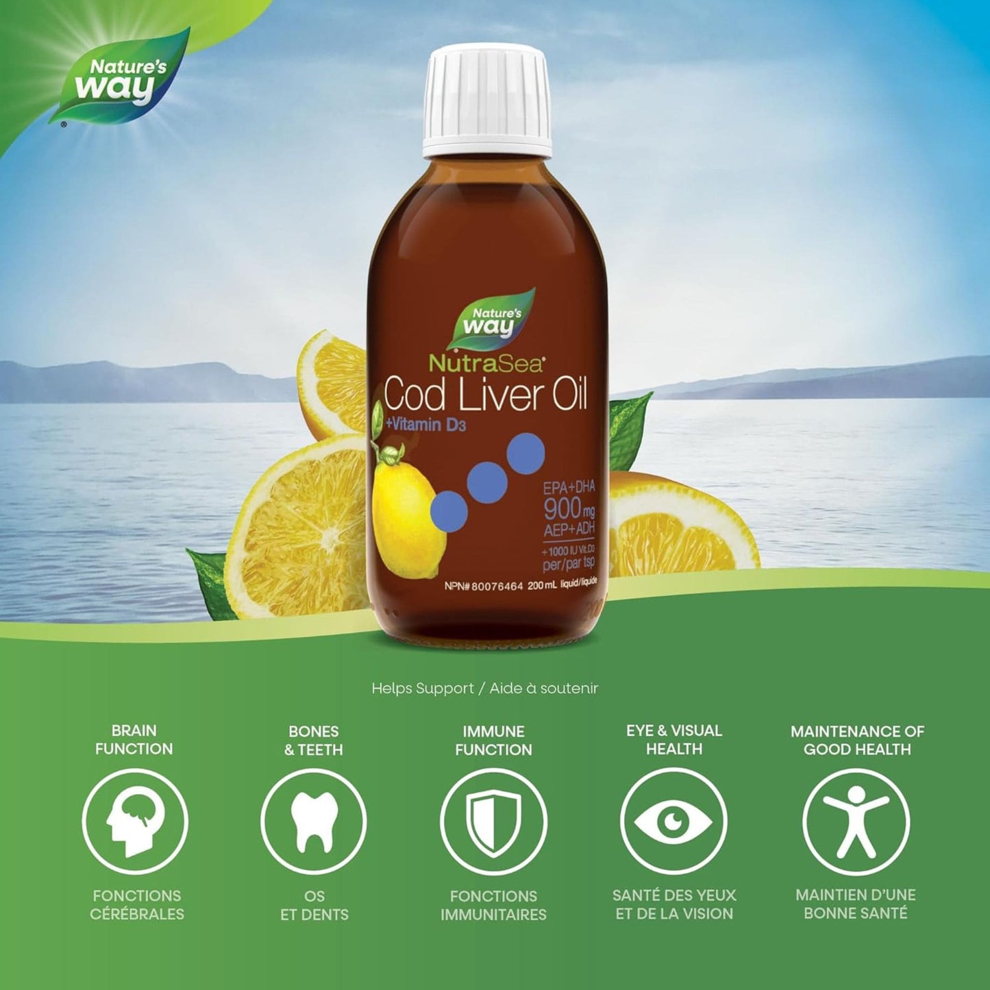 Zesty Lemon Flavour, 200 mL | Nature's Way NutraSea Cod Liver Oil + Vitamin D3