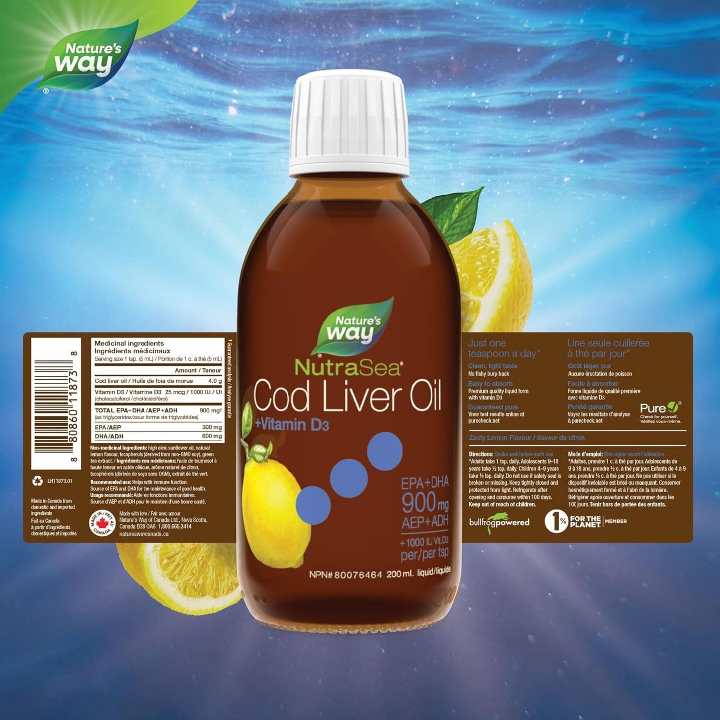 Zesty Lemon Flavour, 200 mL | Nature's Way NutraSea Cod Liver Oil + Vitamin D3