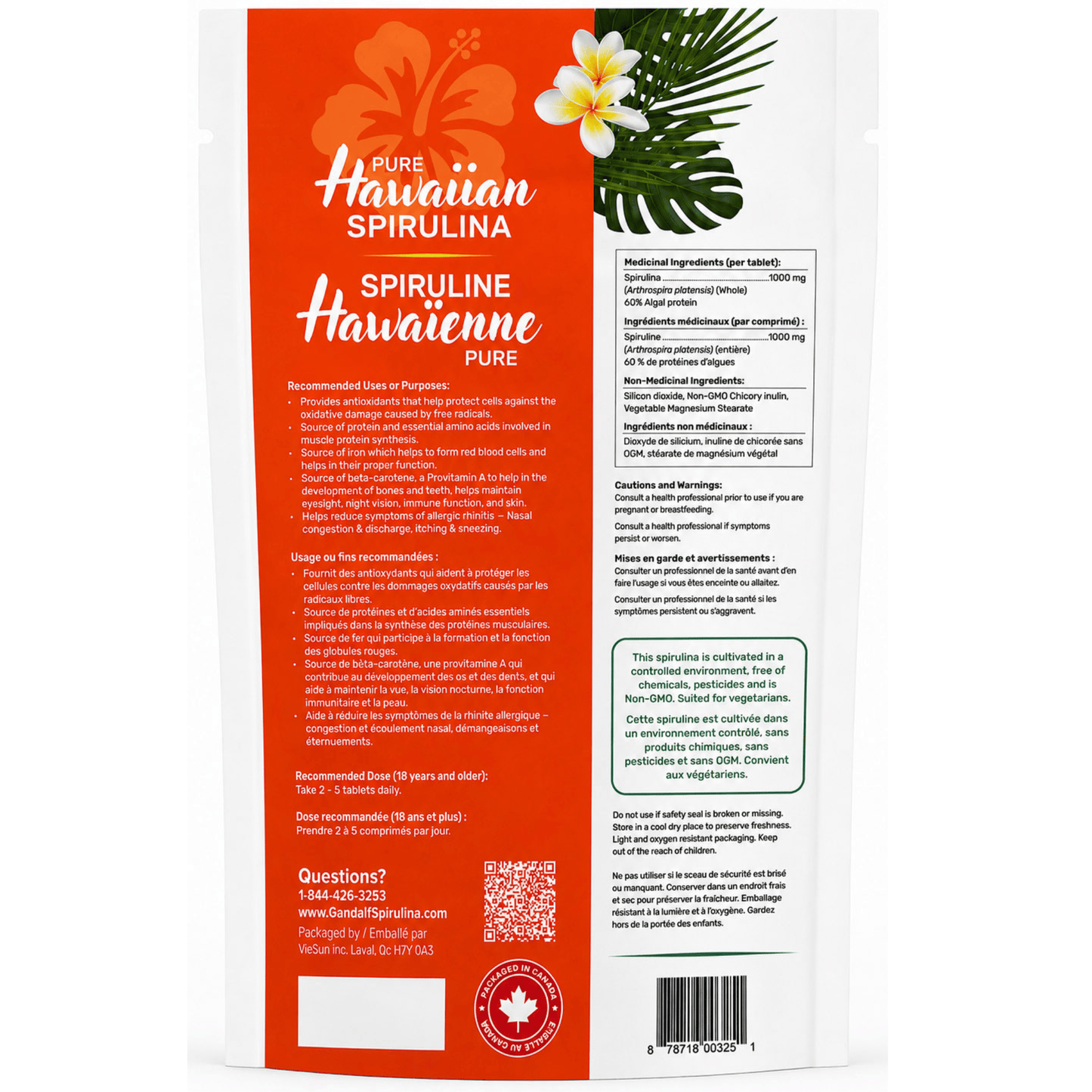 60 Tablets | Gandalf Pure Hawaiian Spirulina Back of Packaging