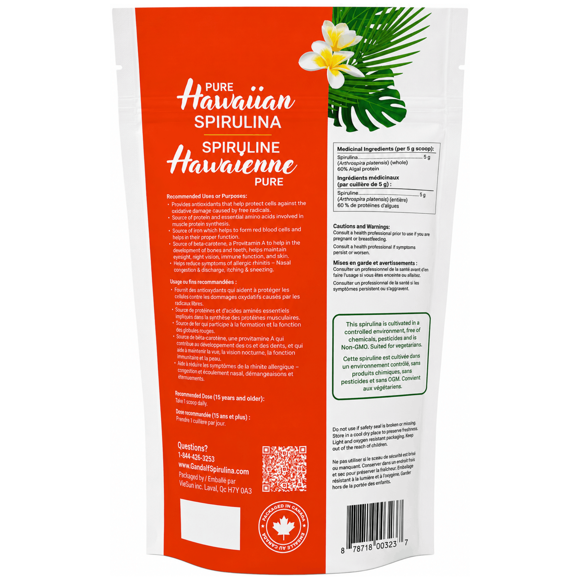 150g Unflavoured | Spirulina Gandalf Pure Hawaiian Spirulina Back of packaging