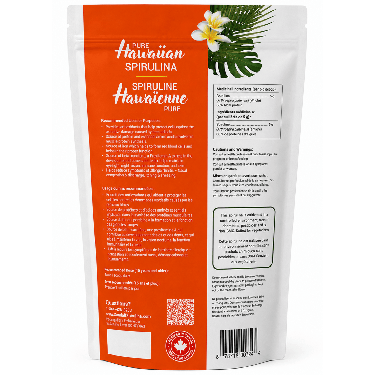 300g Unflavoured | Gandalf Pure Hawaiian Spirulina Back of Packaging
