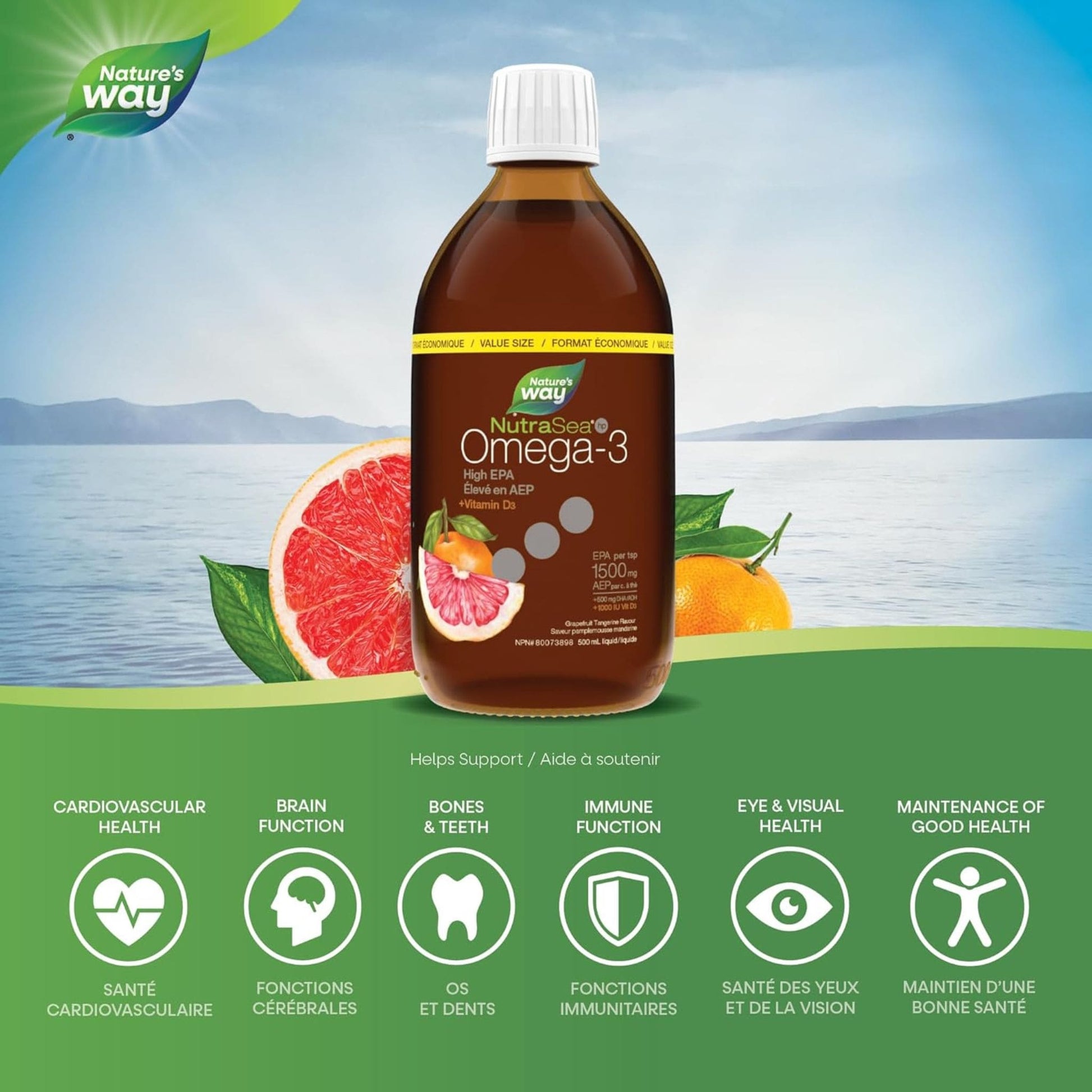 Grapefruit Tangerine Flavour, 500 mL | Nature's Way NutraSea Omega-3 High EPA 1500 mg + Vitamin D3 1000 IU
