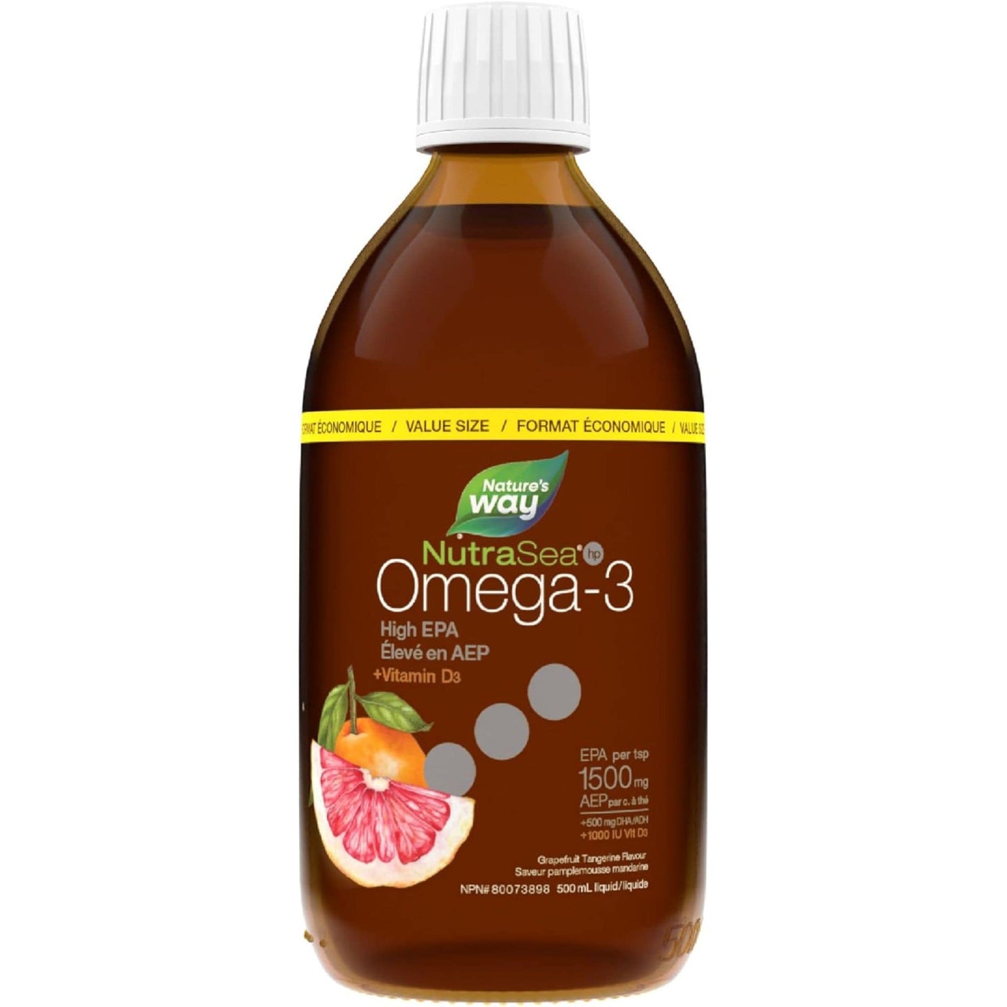Grapefruit Tangerine Flavour, 500 mL | Nature's Way NutraSea Omega-3 High EPA 1500 mg + Vitamin D3 1000 IU