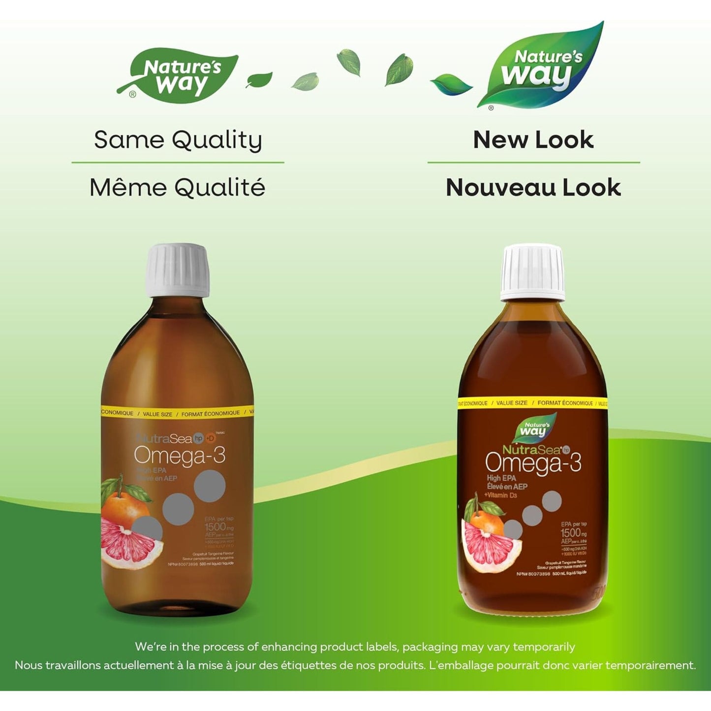 Grapefruit Tangerine Flavour, 500 mL | Nature's Way NutraSea Omega-3 High EPA 1500 mg + Vitamin D3 1000 IU