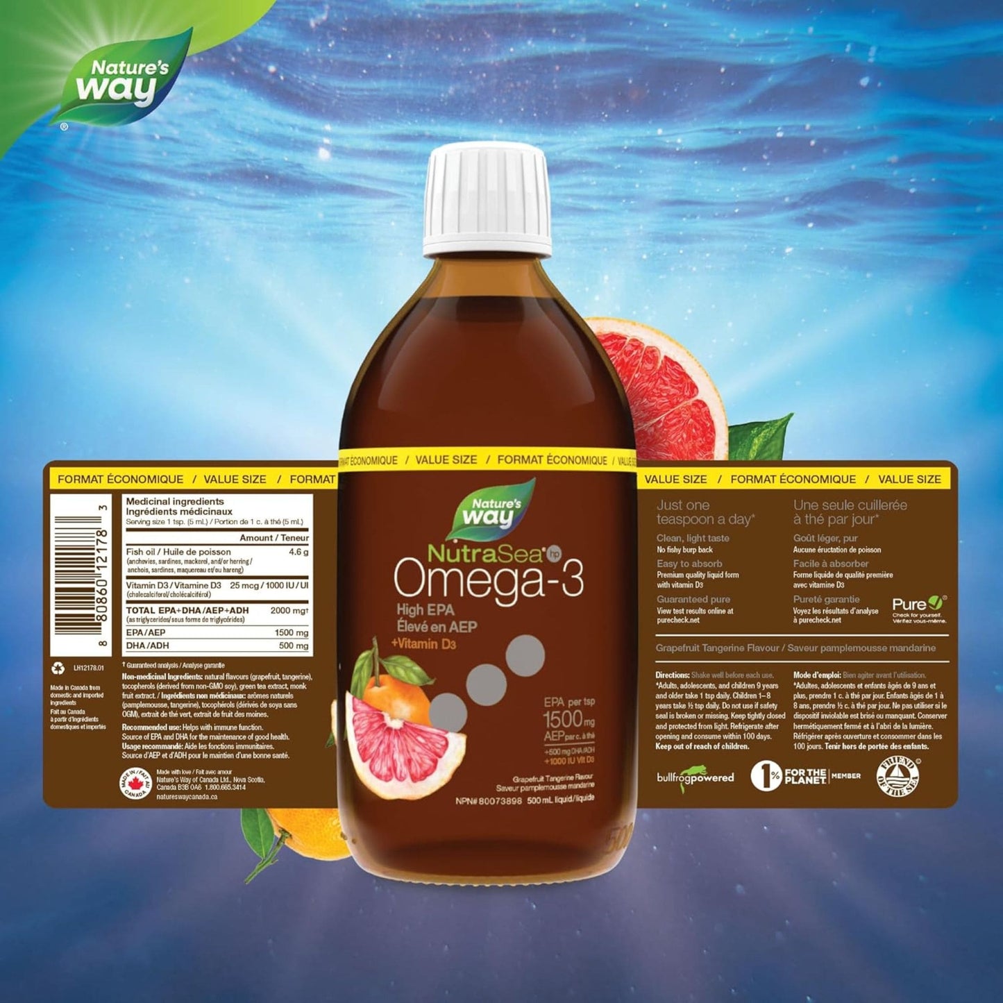 Grapefruit Tangerine Flavour, 500 mL | Nature's Way NutraSea Omega-3 High EPA 1500 mg + Vitamin D3 1000 IU