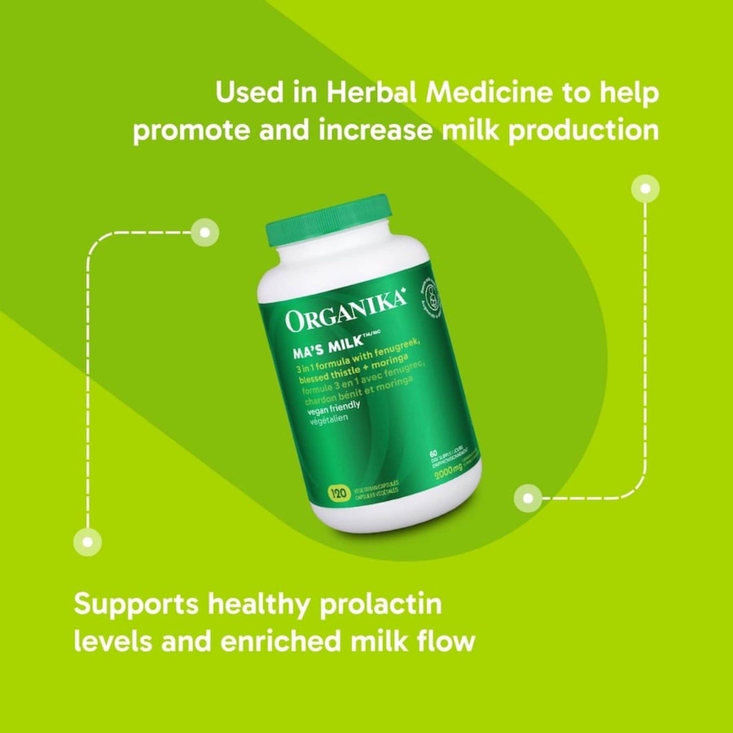 120 Capsules | Organika Ma's Milk 3 in 1 Formula with Fenugreek, Blessed Thistle + Moringa 2000 mg