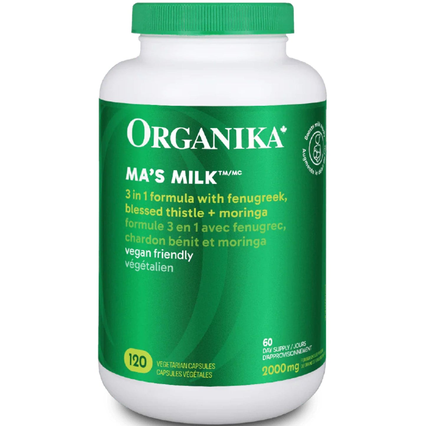 120 Capsules | Organika Ma's Milk 3 in 1 Formula with Fenugreek, Blessed Thistle + Moringa 2000 mg