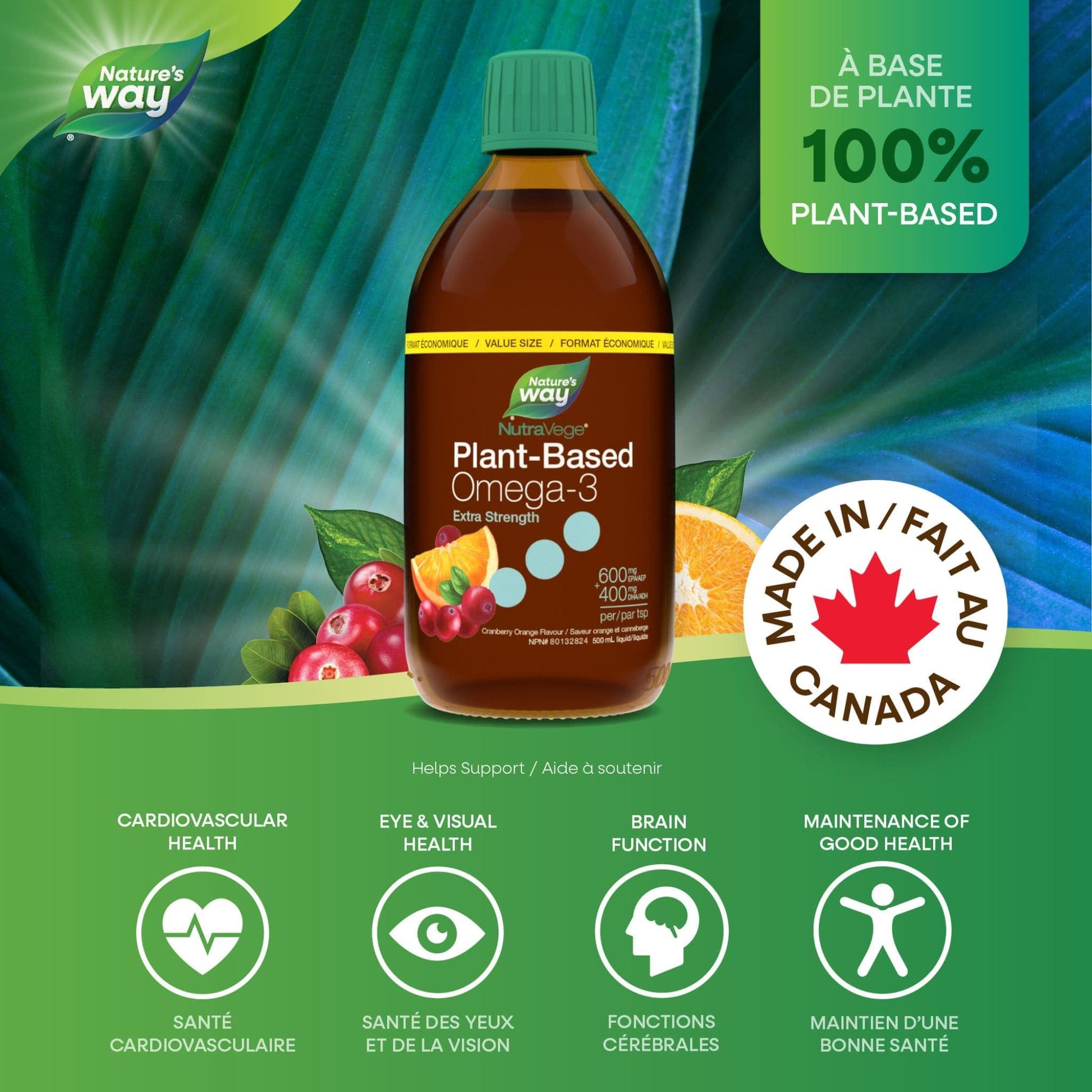 Cranberry Orange Flavour, 500 mL | Nature's Way NutraVege Plant-Based Omega-3 Extra Strength