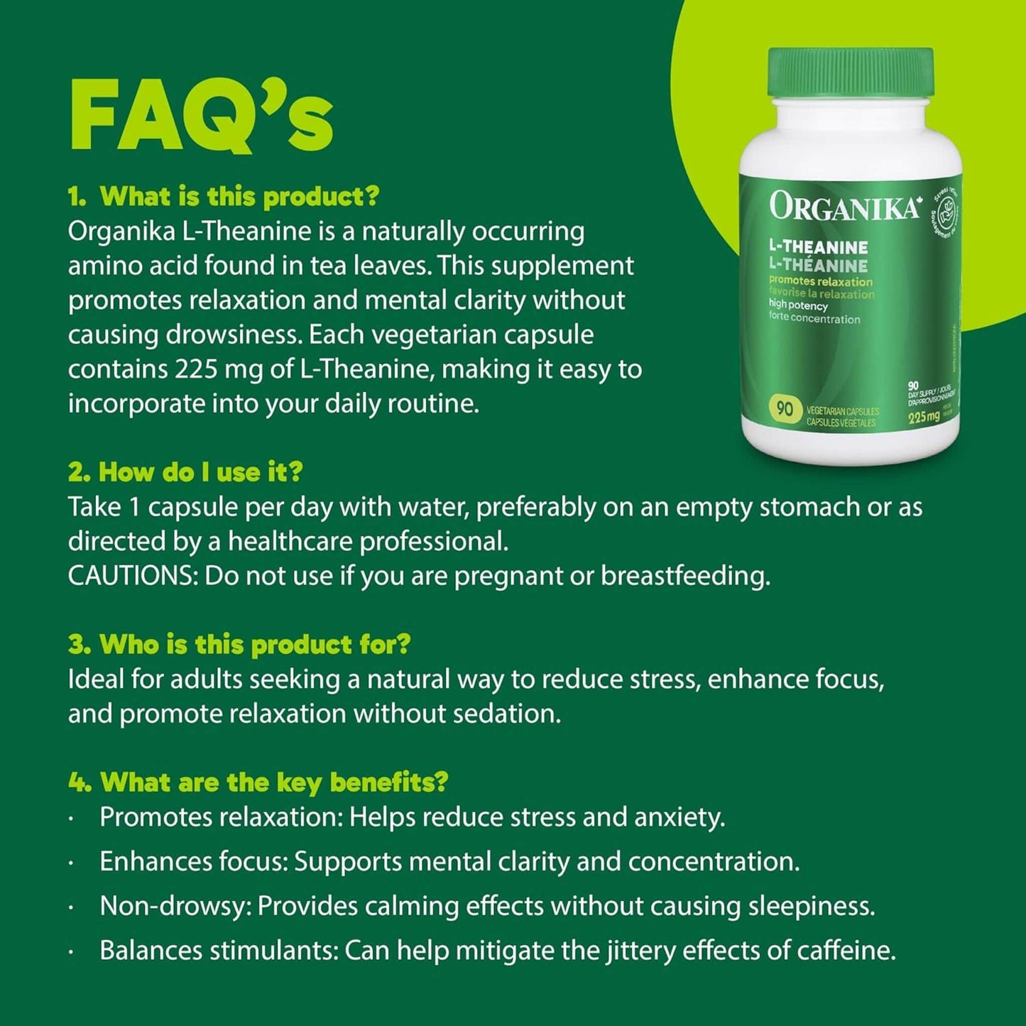 90 Vegetarian Capsules | Organika L-Theanine 225 mg